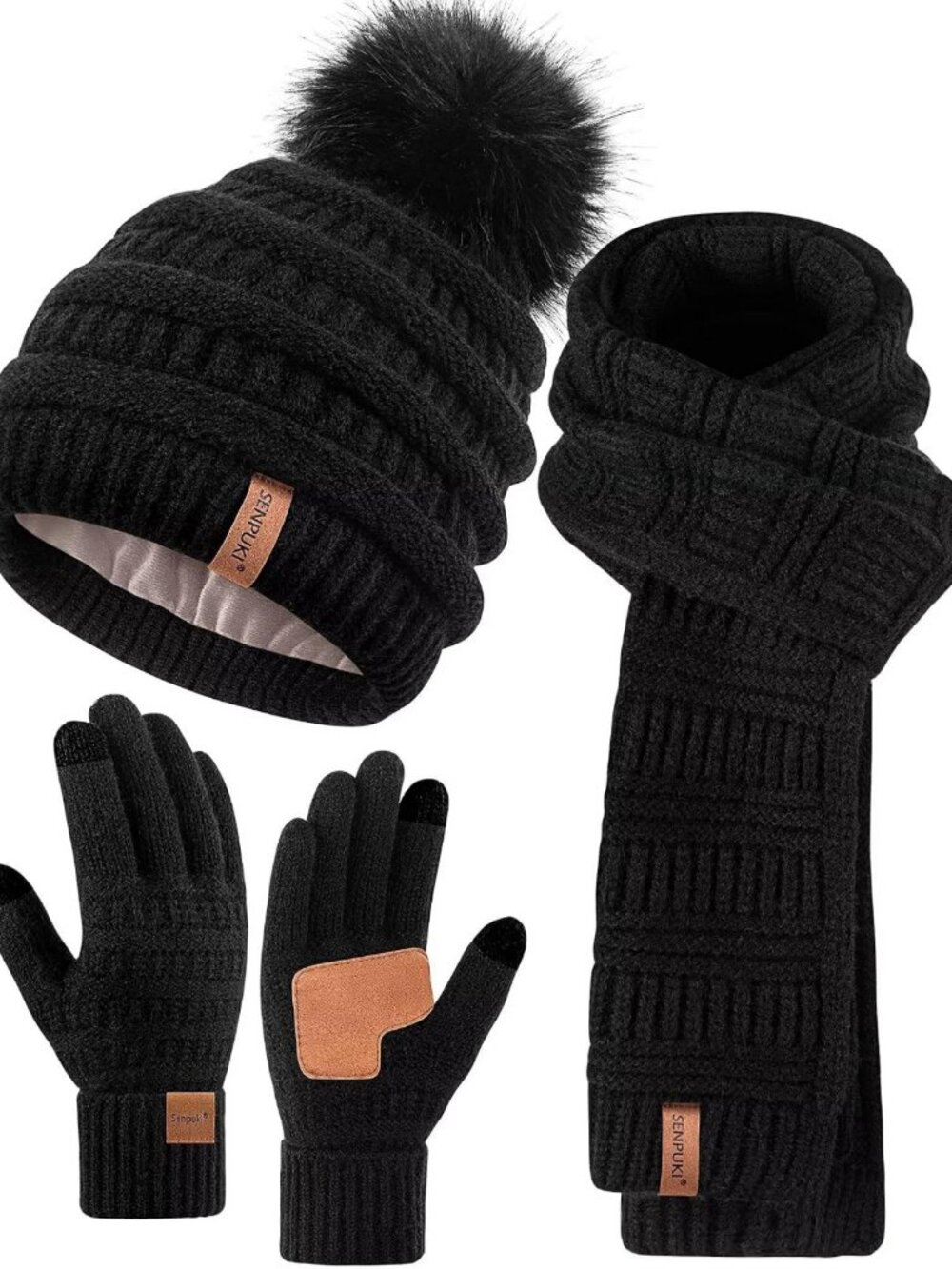 Cozy Winter Beanie Scarf Gloves Set - Fleece Lined Pom Pom Hat & Touchscreen